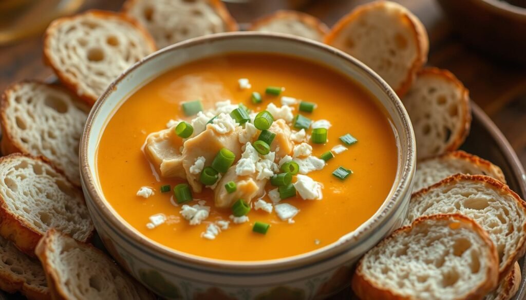 Bowl of creamy Buffalo Chicken Soup topped with green onions and crumbled blue cheese