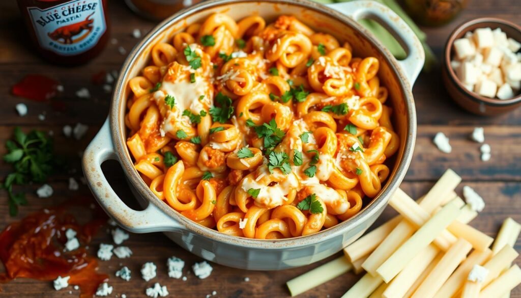 Cheesy Buffalo Chicken Pasta Bake fresh out of the oven with garnished parsley