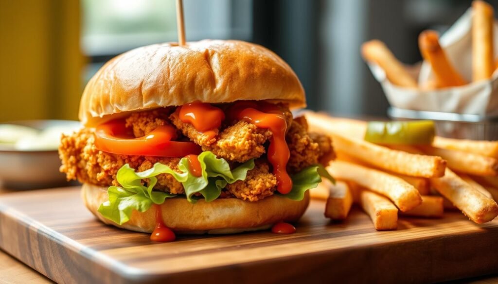 Crispy fried Buffalo Chicken Sandwich served on a brioche bun with lettuce and ranch dressing