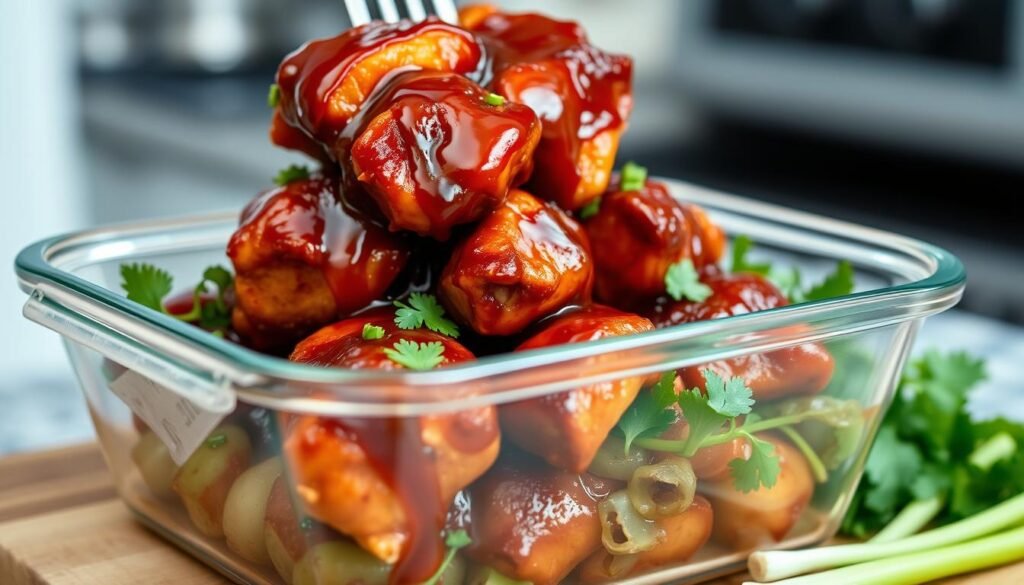 Sticky spicy BBQ chicken glazed with honey and chili sauce, garnished with fresh herbs