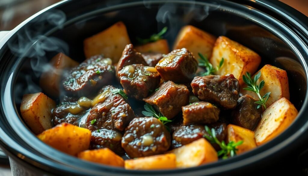 Slow Cooker Garlic Butter Beef Bites and Potatoes