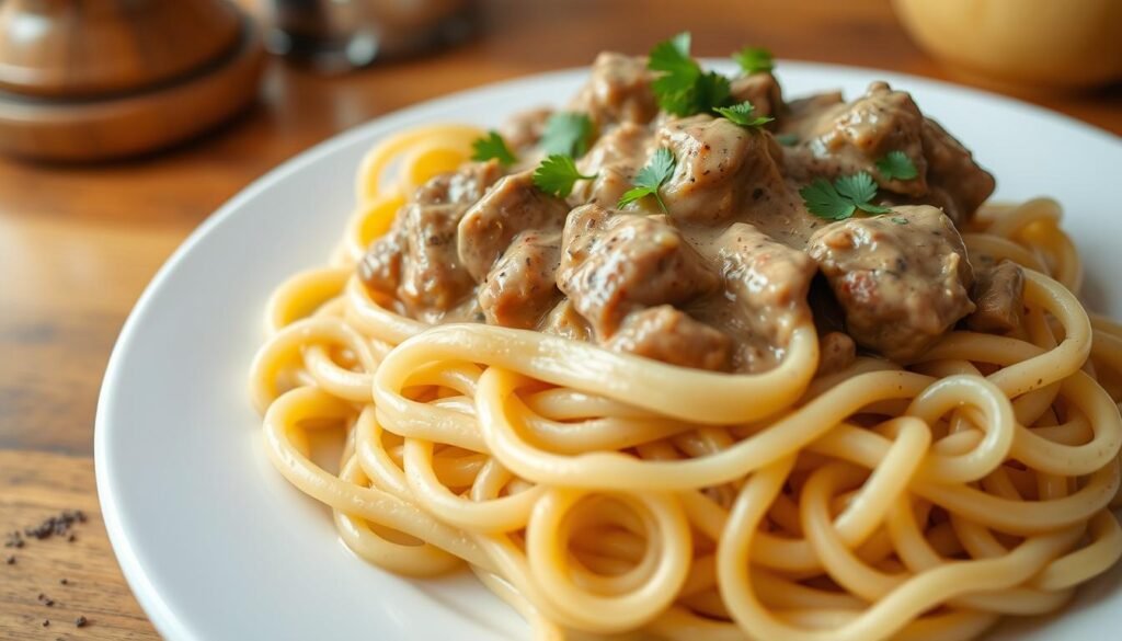 Creamy Beef Stroganoff with Egg Noodles