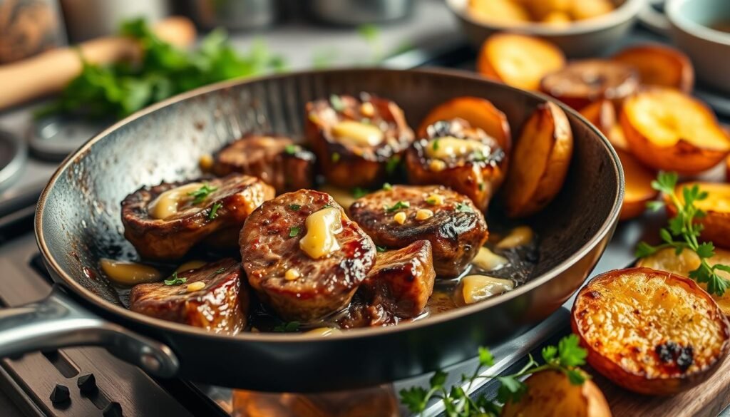 garlic butter steak bites and potatoes