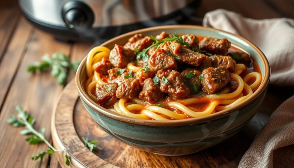 Slow Cooker Garlic Beef Pasta