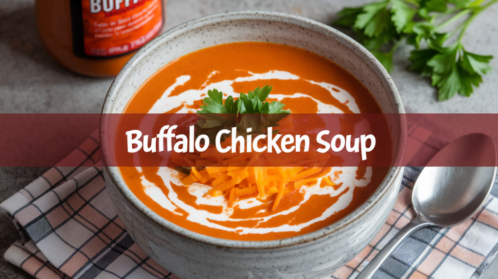 A steaming bowl of creamy buffalo chicken soup garnished with crumbled blue cheese and sliced green onions. The soup is served in a white ceramic bowl with a side of crusty bread. The background features a wooden cutting board with hot sauce and a small dish of shredded chicken. The text 'Buffalo Chicken Soup' is prominently displayed at the top, and 'BowlNBalance' is written at the bottom.

