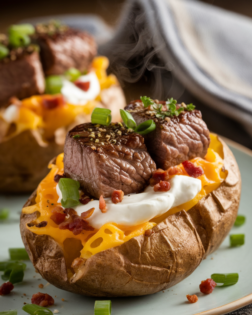 Steak Bites on Loaded Baked Potatoes